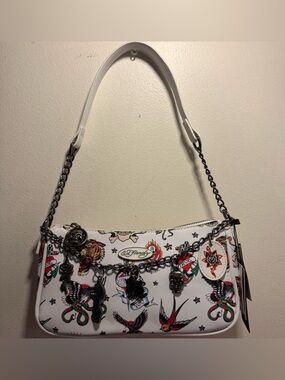 Ed Hardy Tattoo Print Shoulder Bag with gothic charms NEW RELEASE white